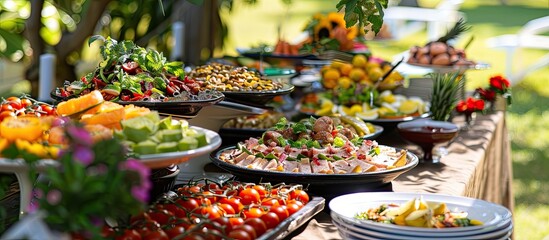 Diverse Individuals Outdoor Luncheon Food Idea. with copy space image. Place for adding text or design
