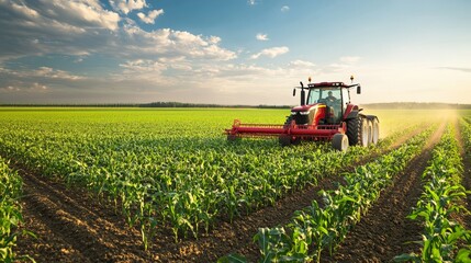 Fototapeta premium Red tractor working on a vast green field under a sunny sky, showcasing modern agricultural technology in rural farming.