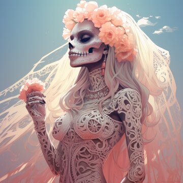 Illustration of skeleton bride with flowers.