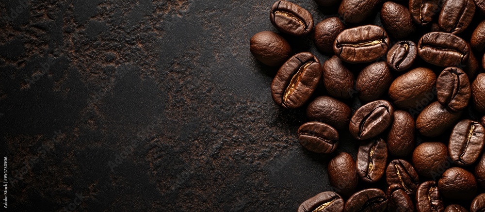 Aufkleber brown roasted coffee beans seeds on a dark background. with copy space image. place for adding text 