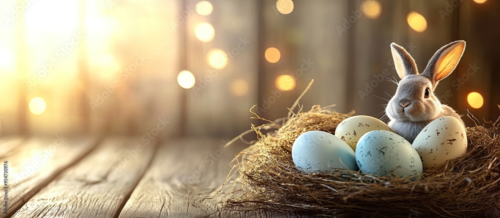 Poster easter card design featuring eggs a nest and a bunny on a wooden background with copyspace