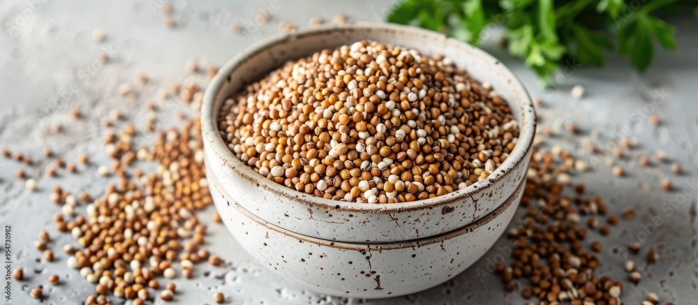Poster Raw green buckwheat grains in a bowl on a white table top view with room for text Banner design. with copy space image. Place for adding text or design