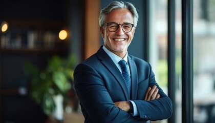 Fototapeta premium Smiling Older Bank Manager or Executive in Office with Bookshelf Background