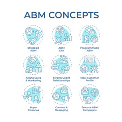 Fototapeta premium ABM soft blue concept icons. Advertisement strategy, personalization. Targeted marketing. Icon pack. Vector images. Round shape illustrations for infographic, presentation. Abstract idea