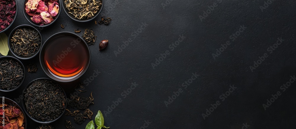 Aufkleber Flat lay arrangement featuring various dry teas and a hot drink on a black table Area for text. with copy space image. Place for adding text or design
