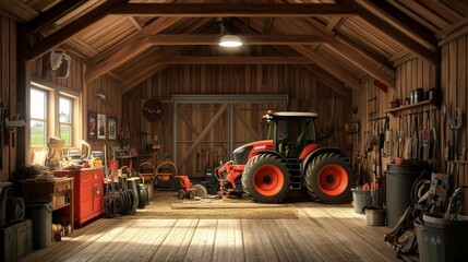 Rustic barn interior with tractor and various farming tools, showcasing a neatly organized workspace with wooden walls and ample natural light.