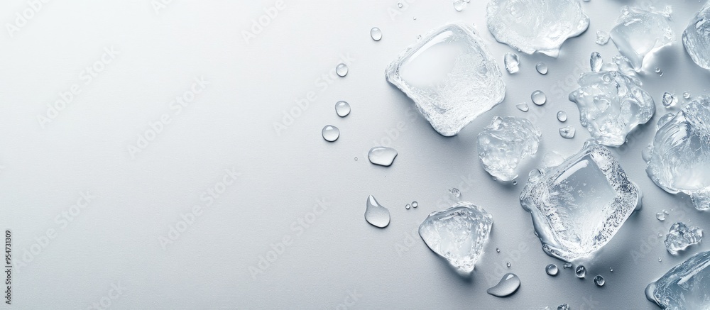 Aufkleber Melting ice cubes and water droplets on a light grey background flat lay Room for text. with copy space image. Place for adding text or design