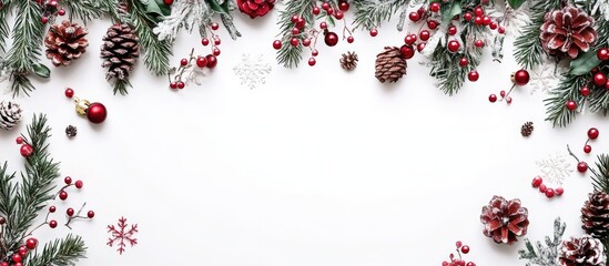 Christmas background and decorations Floral embellishments White backdrop Pine cones Christmas decor for cards Top view Ample copy space