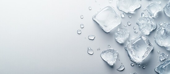 Melting ice cubes and water droplets on a light grey background flat lay Room for text. with copy space image. Place for adding text or design