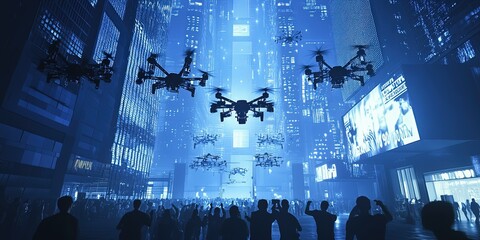 Vol de drones dans une ville futuriste sous éclairage bleu
