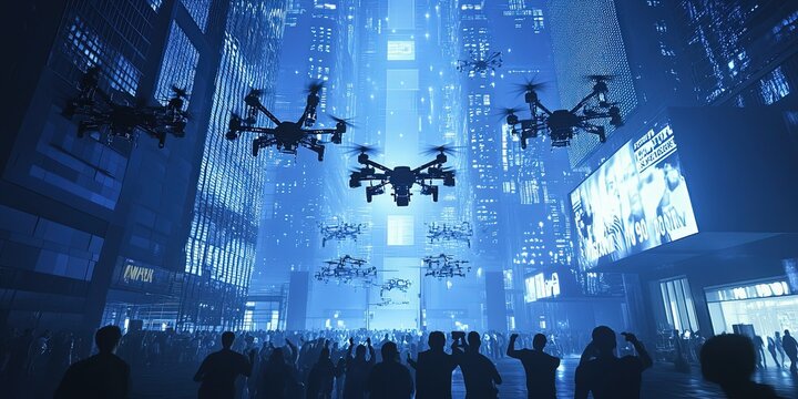 Vol de drones dans une ville futuriste sous &eacute;clairage bleu