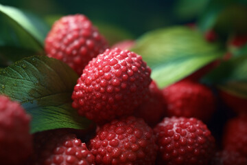 Bunch of fresh red lychees with green leaves