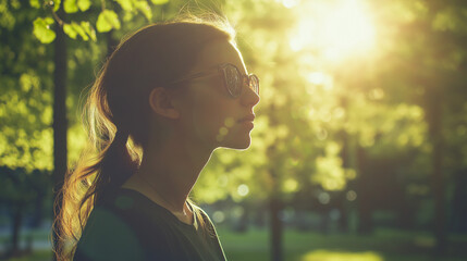 portrait of a woman, sunny day, with sunlight filtering through the trees. The lighting is soft and natural, casting a warm glow on the woman and the surrounding park