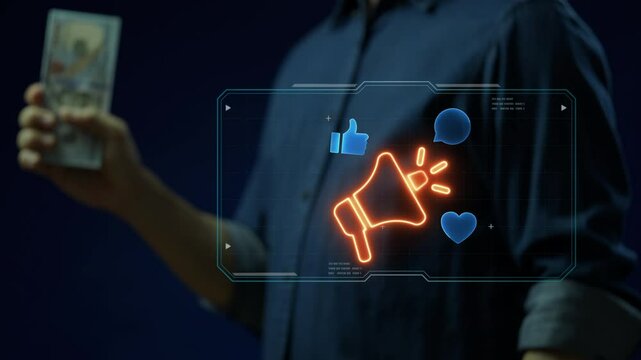 Digital Marketing concept, promotion of brands to connect with potential customers using the internet and other forms of digital communication. Neon line of Digital Marketing icon on virtual screen.