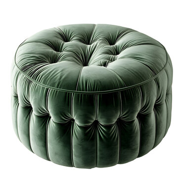 Elegant round pouffe seat in rich green fabric texture isolated on White transparent Background