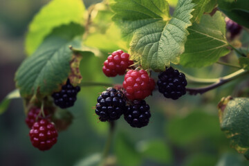 Shrub with raspberries in the forest in red and black Copy Space