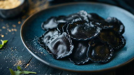 Black ravioli served on a blue plate, garnished with a light sprinkling of cheese, on a dark wooden table with small greens beside it