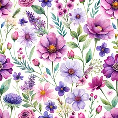 floral seamless background, beautiful colorful texture of purple watercolor wildflowers. a repeating pattern for the substrate, fabric, and background