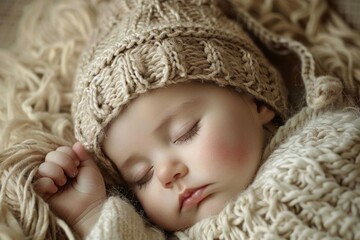 Peaceful Newborn Baby Sleeping on Cozy Blanket in Knitted Hat