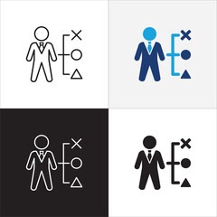 Icon related to business. Contains icons of businessman, setting, plan, strategy, option, setup. Vector graphic resource for illustration and user interface in thin line flat design.