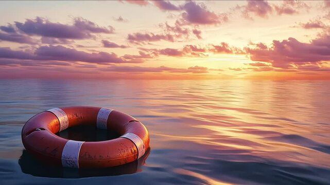 lifebuoy safety and rescue concept. Prevent drowning. An orange lifebuoy floats on the sea