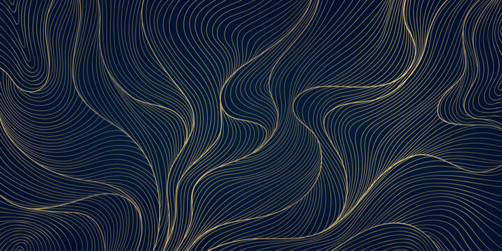 Vector art deco line gold wave background, abstract water texture, Japanese geometric sea illustration. Curve asian banner 