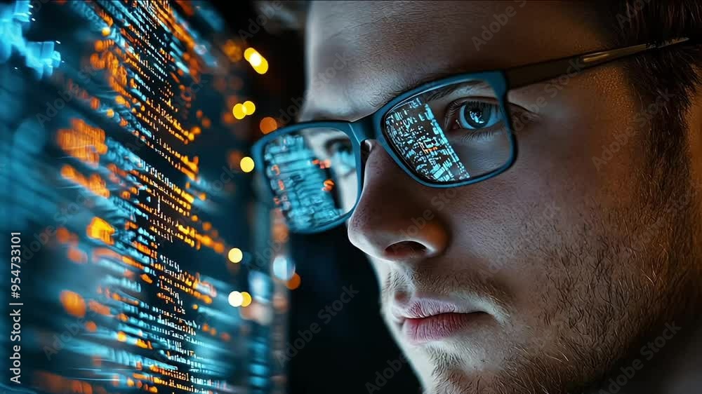 Wall mural programmer programming cybersecurity and it. futuristic software and hardware , coding hologram, man