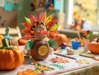 A vibrant Thanksgiving crafts table featuring a handmade turkey decoration with colorful paper feathers and pumpkins in a classroom setting.