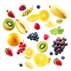 Flying different fresh fruits in air on white background. Falling fruits mix multifruit