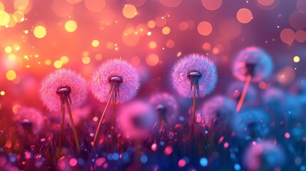Dandelion Wishes Illuminated by Pink and Blue Bokeh