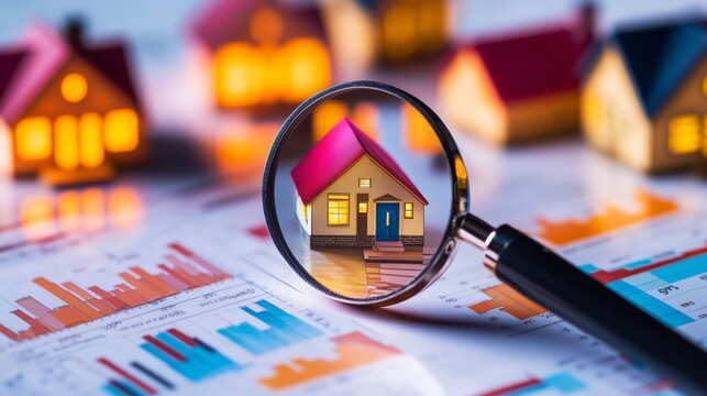 Exploring real estate trends with a magnifying glass focusing on a miniature house surrounded by colorful graphs and charts in a business setting