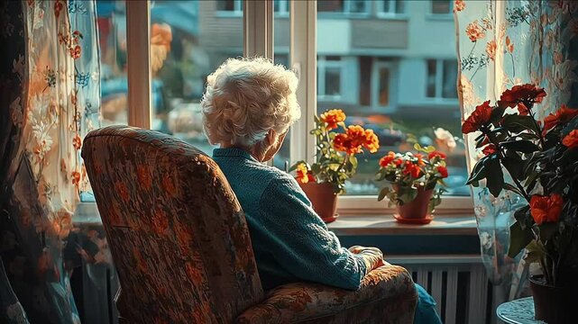 lonely senior woman in wheelchair at home. Elderly people. feeling sad and depressed looking window outside