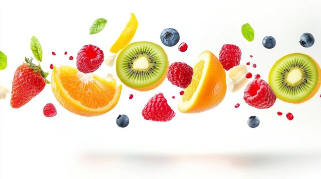 Flying different fresh fruits in air on white background. Falling fruits mix multifruit