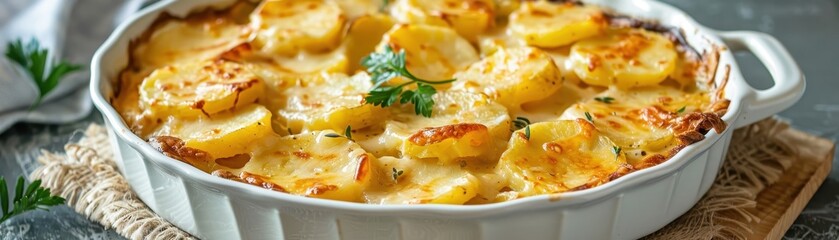 A baking dish filled with creamy scalloped potatoes layered with cheese and garnished with fresh herbs, baked to perfection.