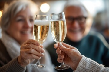 Two people are holding up champagne glasses and smiling. Scene of celebratory. Lifestyle