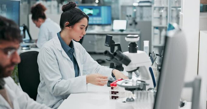Scientist, woman and label sample with blood in laboratory for healthcare, pathology and dna testing. Biotech, expert and fluid test tube for medical research and phlebotomy results in pharma company