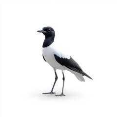 A small black and white bird posed against a white background, emphasizing its sleek and distinct features.