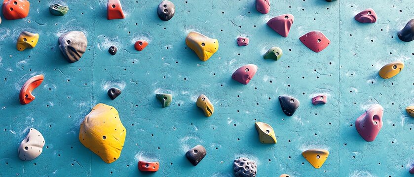 Colorful climbing wall holds on a blue indoor bouldering surface, ready for rock climbing enthusiasts.