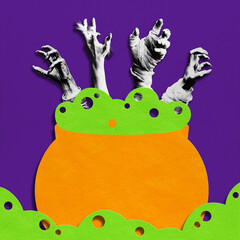 Poster. Contemporary art collage. Zombie hands rise from cauldron, brewing creepy Halloween potion. Vibrant trendy design. Concept of Halloween, horror, spooky vibe. Copy space.