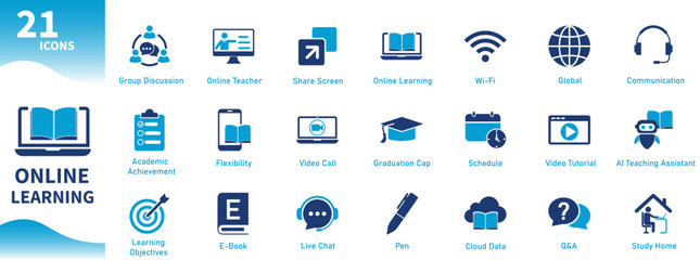 Online learning icon. Collection of education icons, books, computers, internet, homeschooling. Solid vector icons.