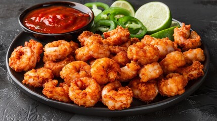 Fototapeta premium Spicy Fried Shrimp Platter Crispy Shrimps Served with Cocktail Sauce, Jalapenos, and Lime Wedges