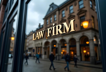 Detailed Law Firm Logo on Glass Doors with Reflections