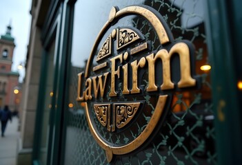 Detailed Law Firm Logo on Glass Doors with Reflections
