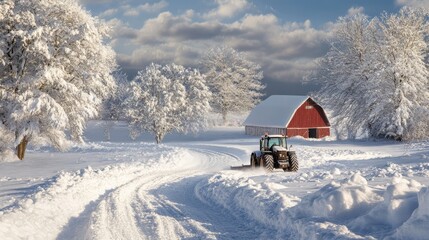 Tractor clearing snow on a farm with a red barn and snowy trees, under a cloudy winter sky, creating a picturesque winter scene.