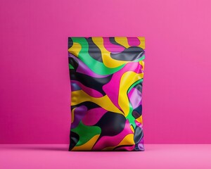 Vibrant packaging design featuring colorful abstract patterns against a pink background, ideal for branding and marketing.