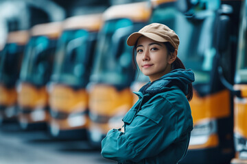 A male bus driver poses at the bus station in front of the transport company bus