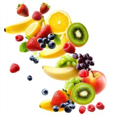 Flying different fresh fruits in air on white background. Falling fruits mix multifruit