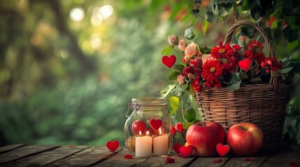 A basket of red apples, flowers, and heart-shaped decorations on an old wooden table in the garden.