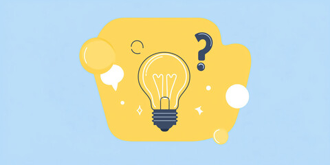Ilustración vectorial bombilla representa la mejor idea. Signos de pregunta alrededor. Burbujas y símbolos. discusión