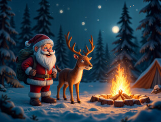 cheerful Santa Claus with deer near fire in forest, Christmas holiday atmosphere . Generative AI